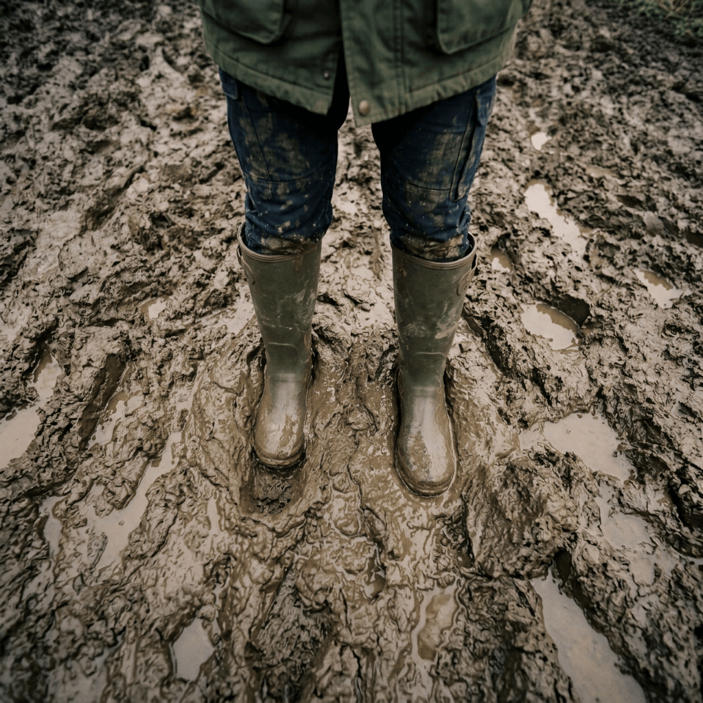 Man walking through mud on a woodland path at sunset