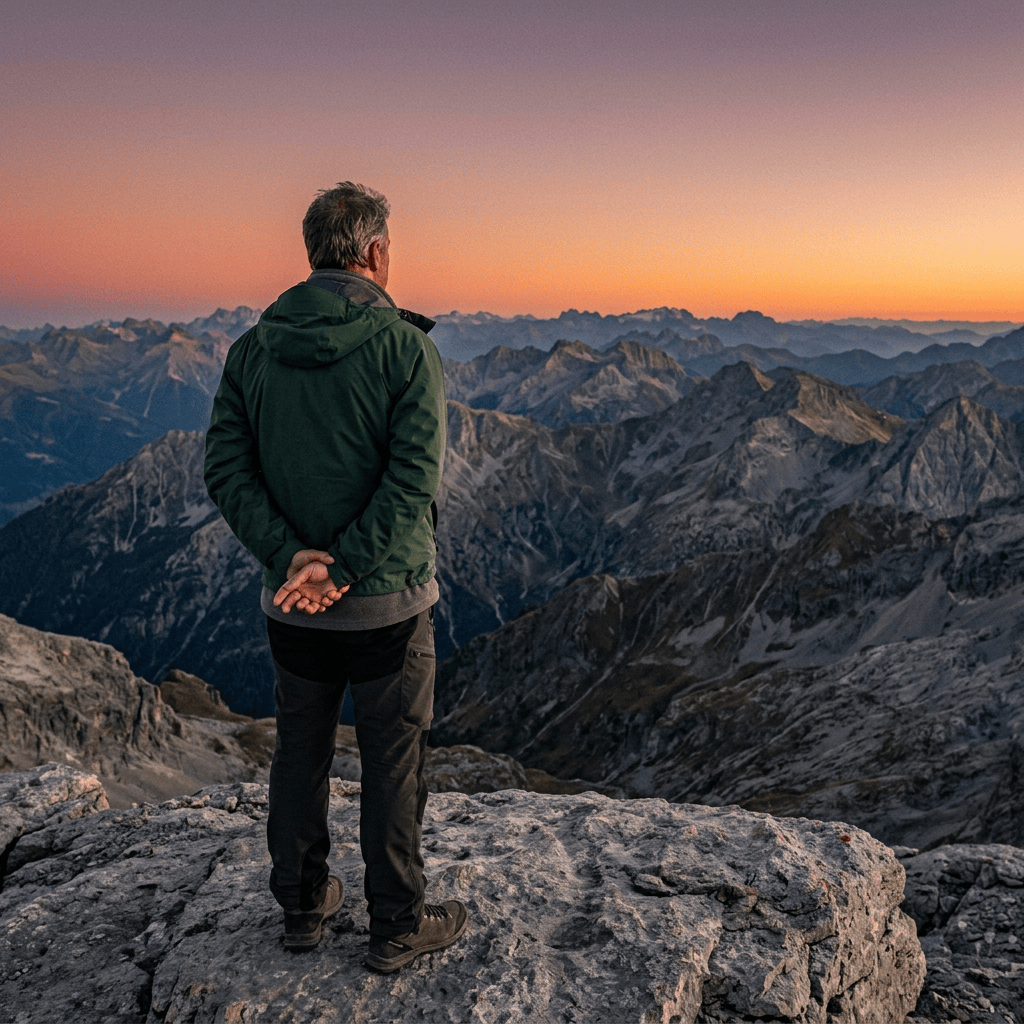 Hiker standing on rocky summit overlooking mountains at sunset