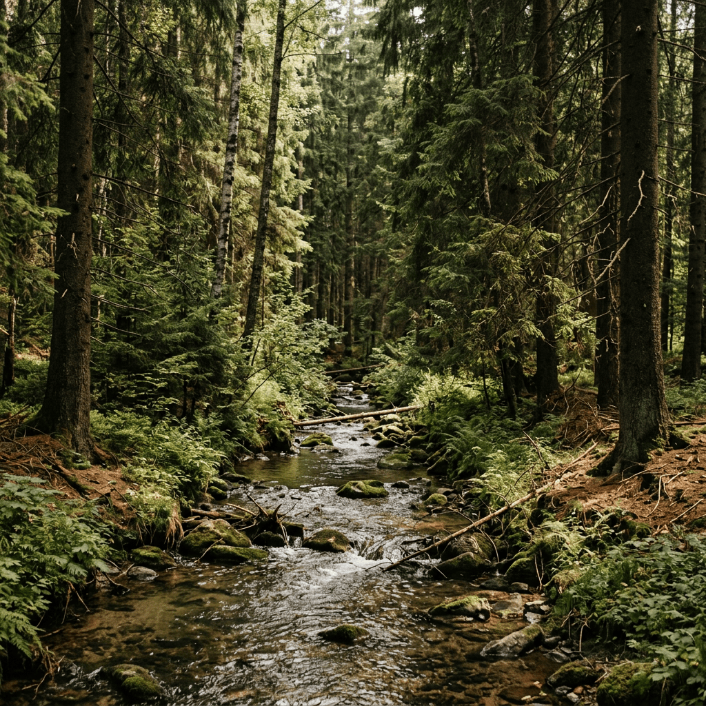 Clear stream flowing through a dense evergreen forest with mossy rocks