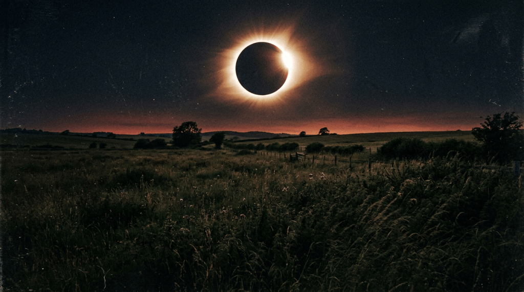 Total solar eclipse above a dark rural field and rolling hills