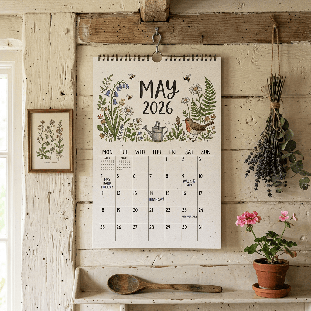 May 2026 calendar marked with bank holiday, lake walk, birthday, and anniversary