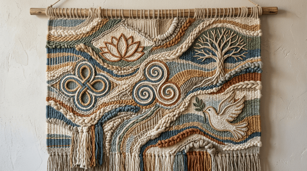Handwoven wall tapestry with lotus, tree, dove, and knot motifs