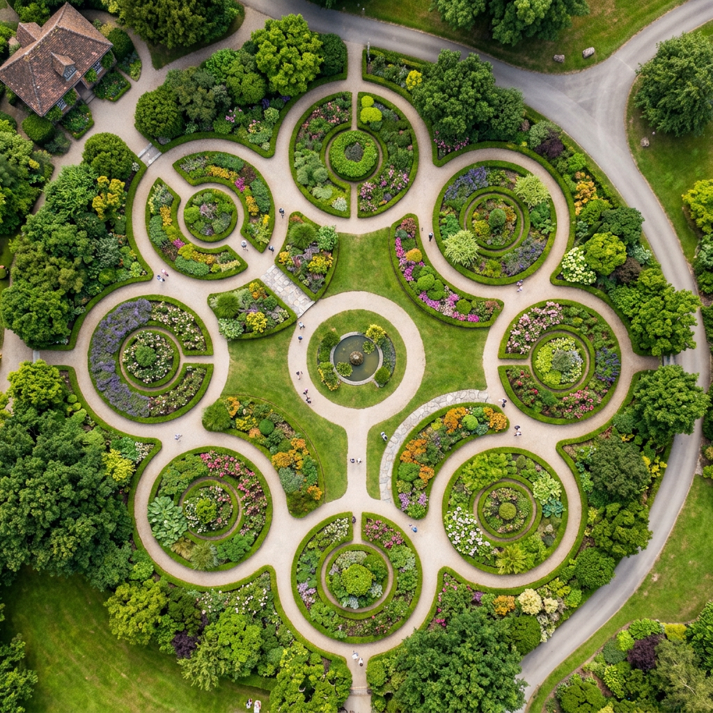 Aerial view of a formal garden with circular flower beds and winding paths